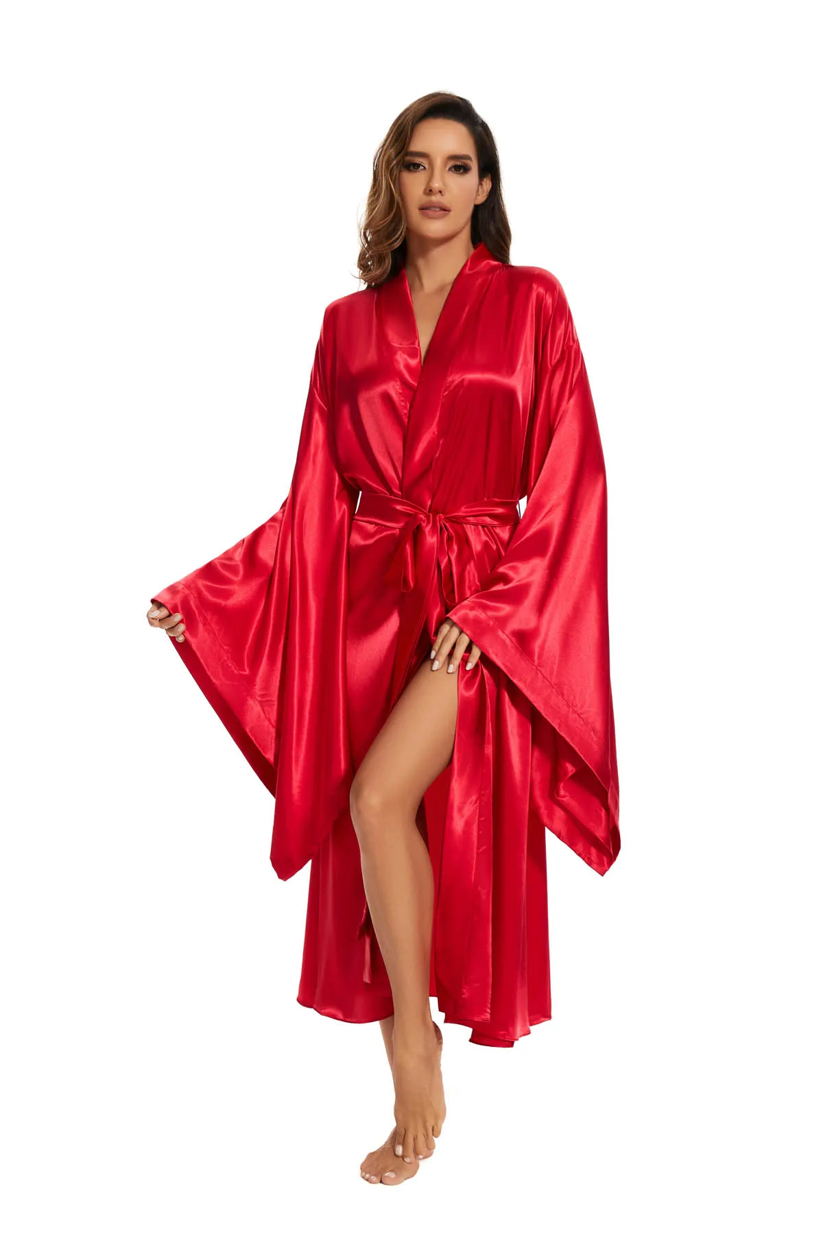 Women's Bath Robe Silk Like Fabric Lounge Wear Night Gown Belt plus size customized