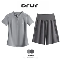 DRUR Summer 2 Piece Yoga Outfits For Women Tracksuit Sets With Loose Sport T-Shirt & Shorts Brathable Sportswear For Running Gym