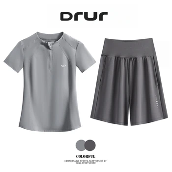 DRUR Summer 2 Piece Yoga Outfits For Women Tracksuit Sets With Loose Sport T-Shirt & Shorts Brathable Sportswear For Running Gym 1