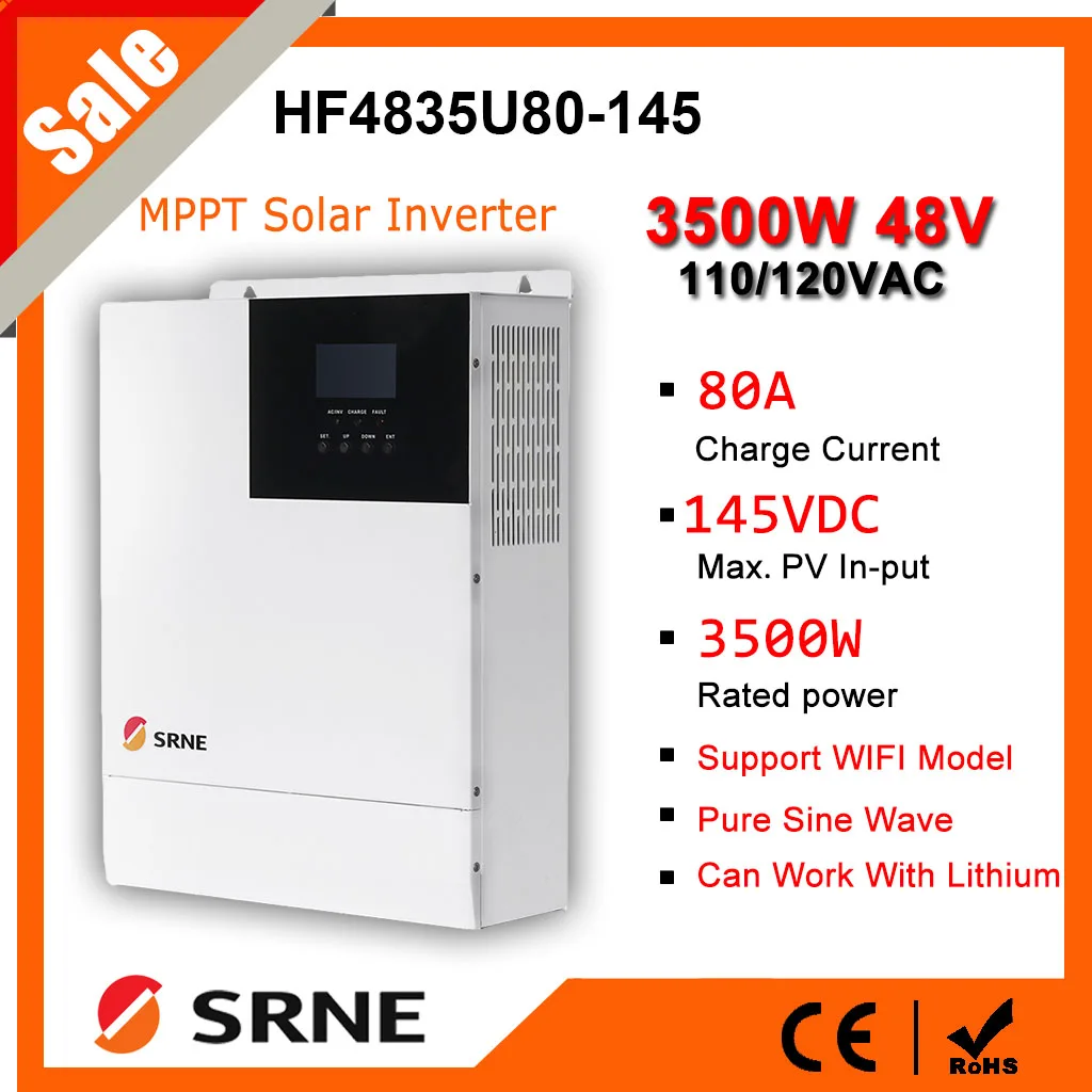 

SRNE MPPT 80A 48V 3500W AC 110V 120V Solar Charger Inversor PV Max 145Vdc Pure Sine Wave 50Hz 60Hz 40A Battery Hybrid Inverter