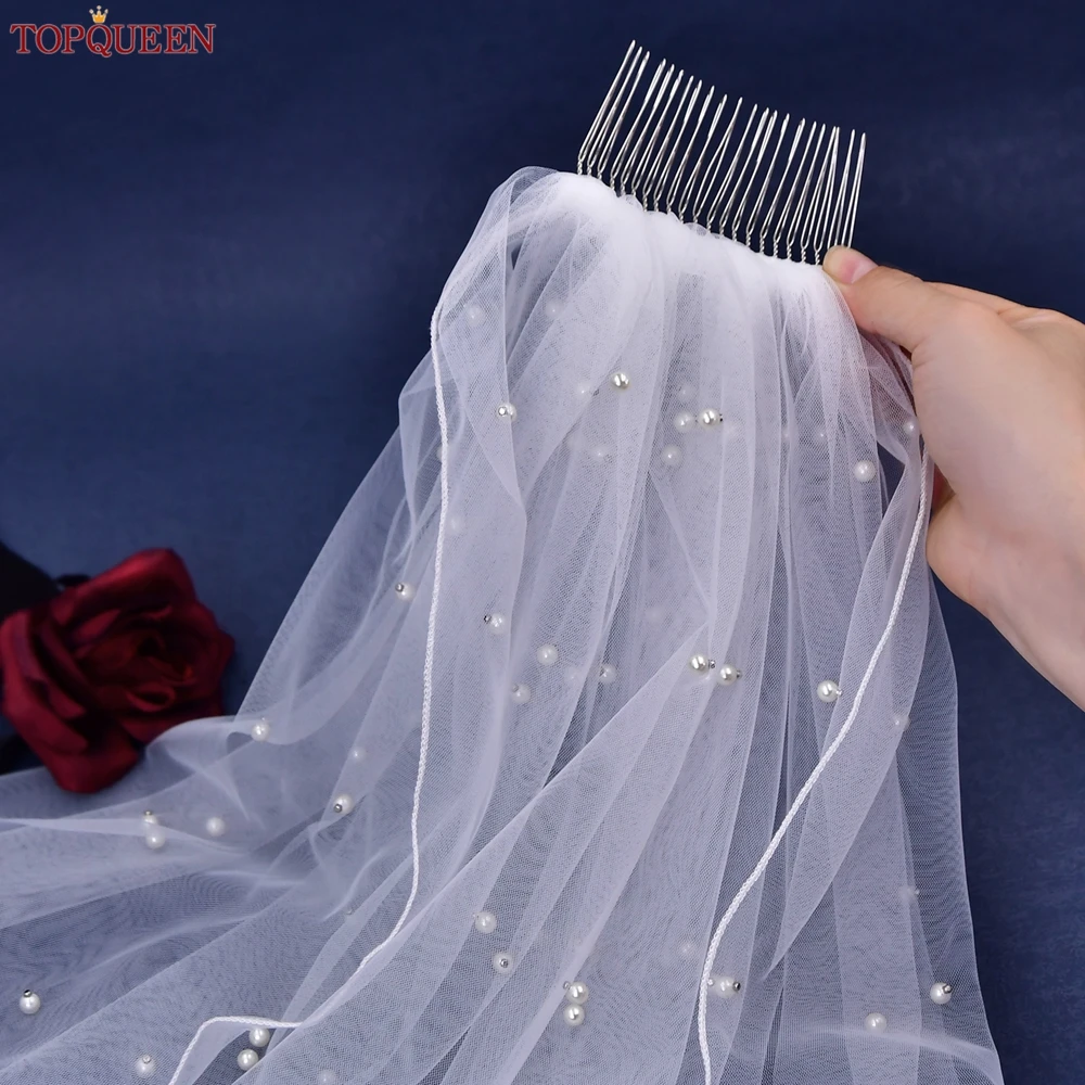 Short Bridal Veils Pearls Beaded Wedding Veil For Bachelorette Party Pencil Edge Elbow Length Veil 1 Tier Novio V06