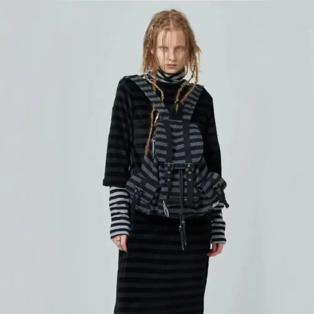 High Quality Korean Style Backpacks Flat Stripe Drawstring Design Bookbags Large Capacity Soft Tote Bags Unisex