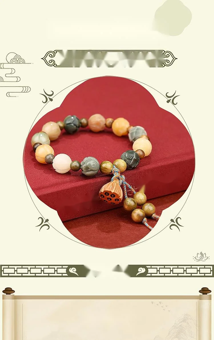 Lingyin Wealth God Same Style Rich Flower Lotus Colored Bodhi Green Sandalwood Water Grass Agate Handcarved Hand Strand, A Lot Of Money And Good Luck_voghion.com