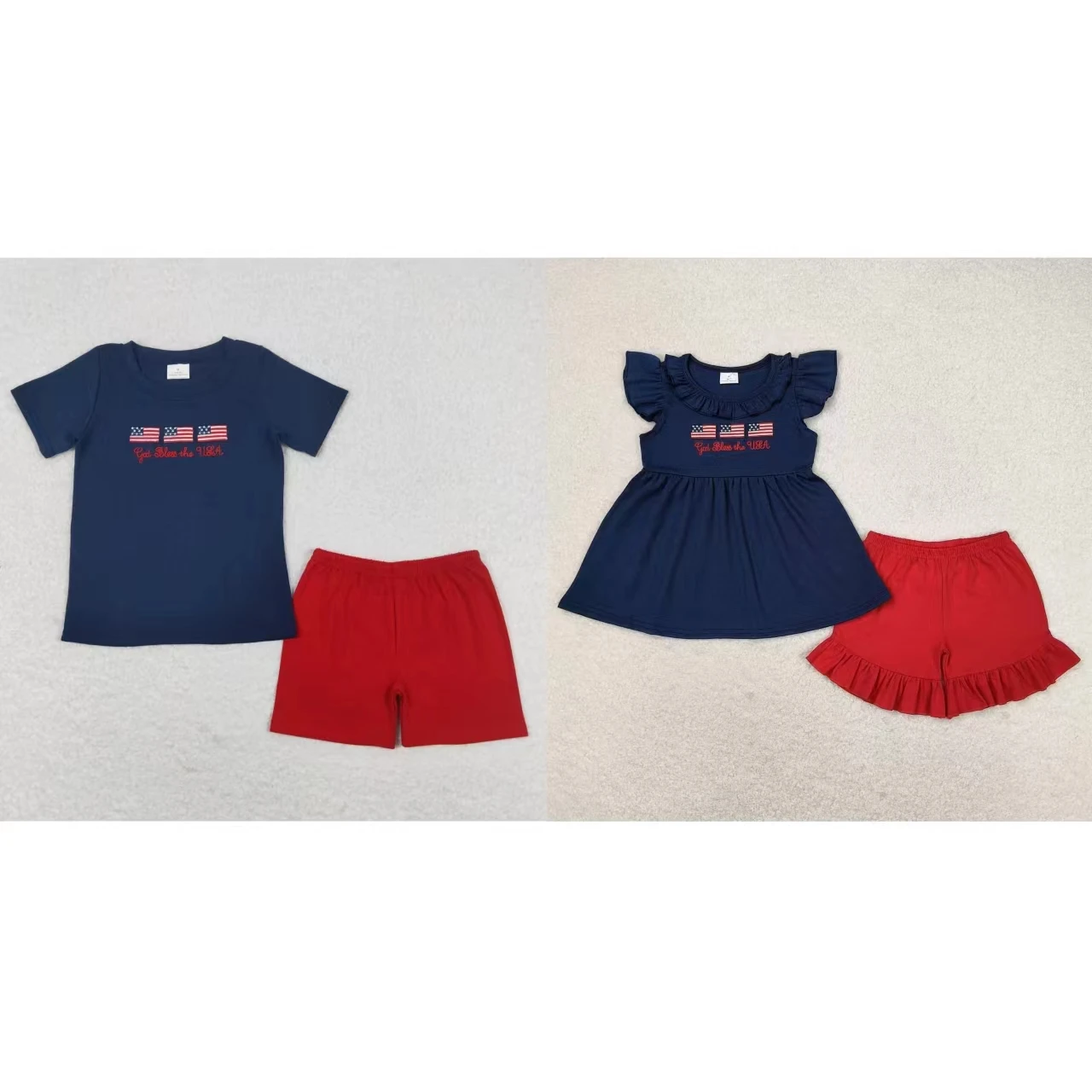 Kids Summer Embroidery Flags Shirt Toddler Set Children Red Cotton Shorts Matching Baby Boy Girl July 4th Outfit