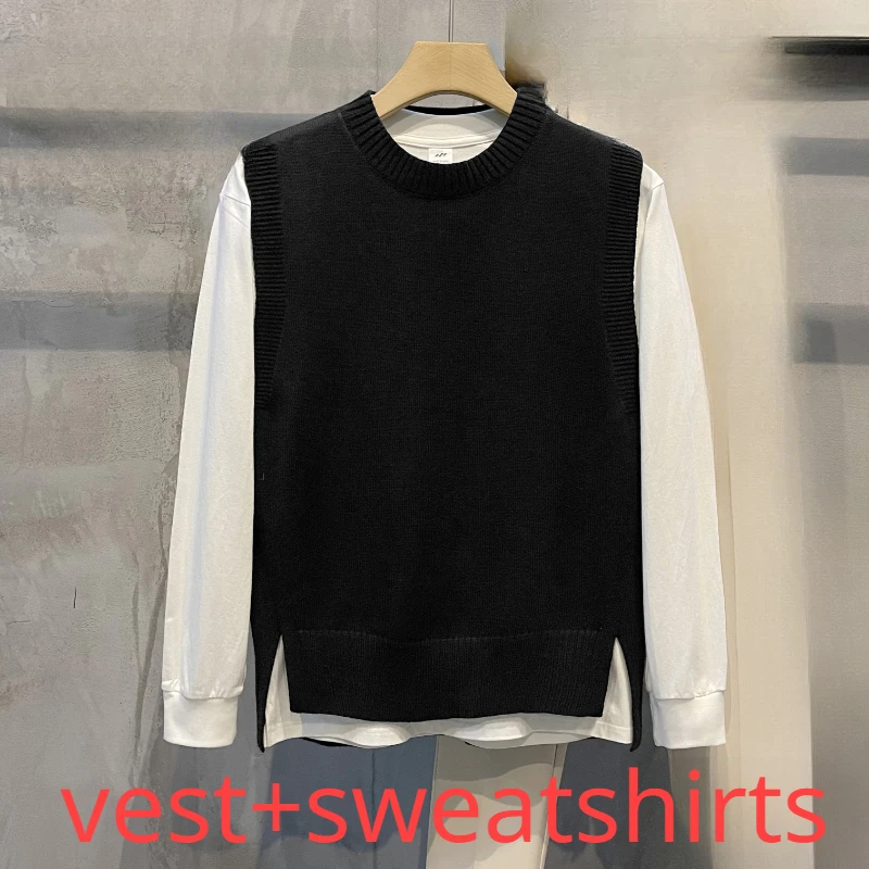 thumbnail image 1 of Conjuntos de 2 uds para hombre, moda de otoño, suéter liso básico que combina con todo, chaleco, camisetas de manga larga de estilo coreano acogedor, trajes universitarios nuevos, 1 of 5