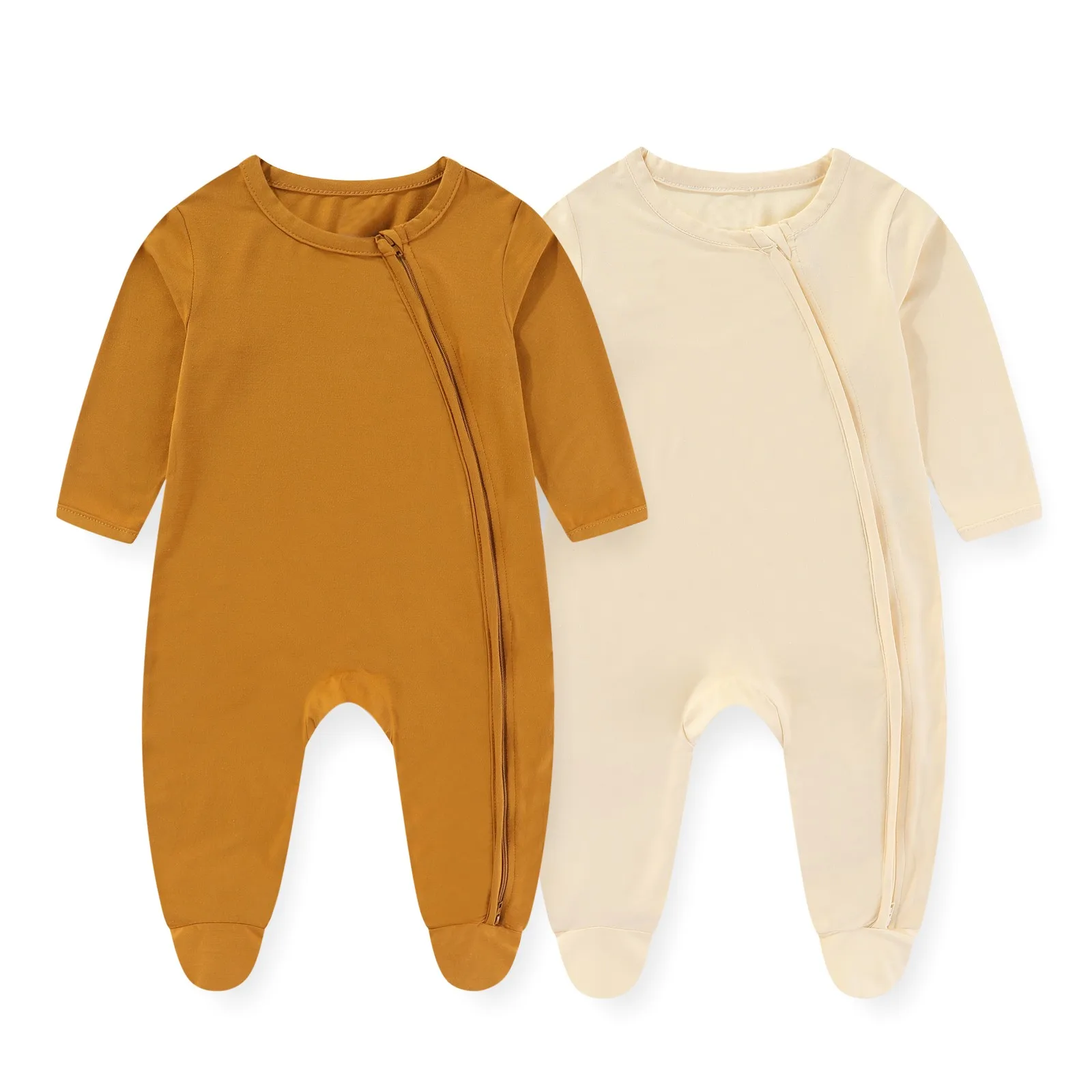 남녀공용 단색 점프수트, 0-12m, 양방향 지퍼, 긴 소매, 가을, 2 피스