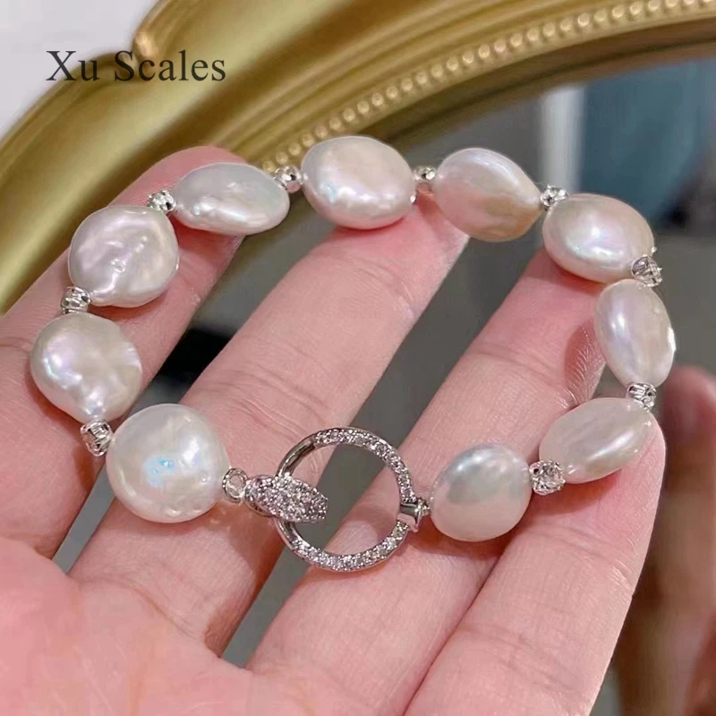 Natural Freshwater Pearl Bracelet Baroque Irregular Button Shape 925 Silver  Zircon Simple Retro Versatile Premium Hand Jewelry