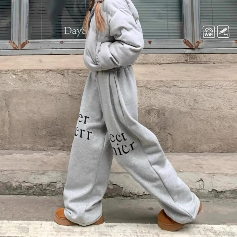QWEEK Winter Fleece Women's Sweatpants Vintage Oversized Y2k Harajuku Warm Pants Streetwear Hip Hop Korean Fashion Trousers New