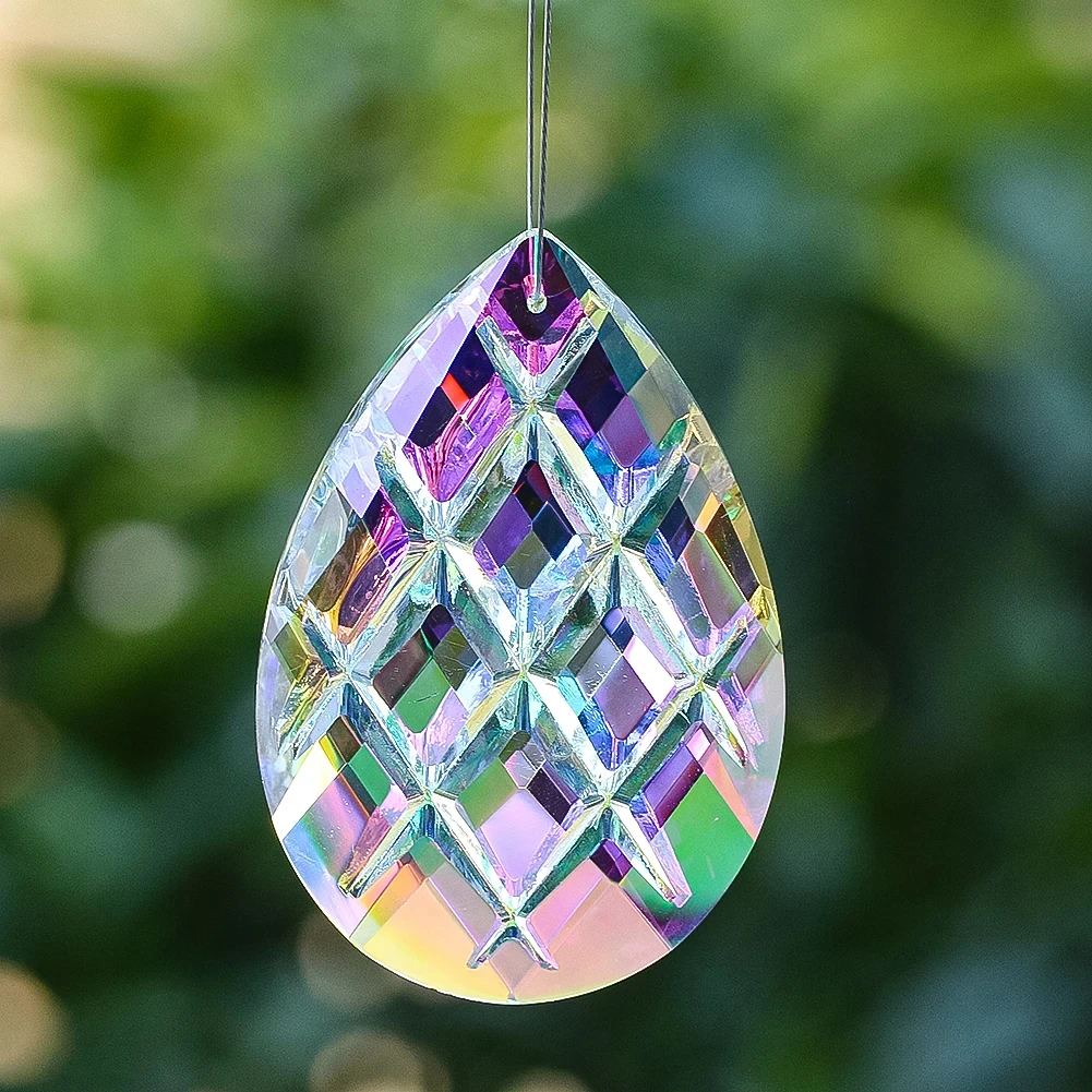 Waterdrop Grid Crystal Suncatcher Glass Prism Window Hanging Decor Rainbow Maker Chandelier Lamp Pendant for Window Ornament