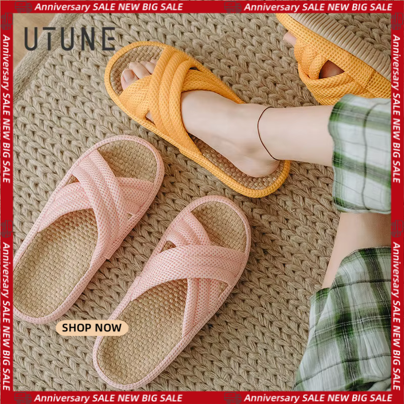 UTUNE Summer Linen Mesh Slippers Women Soft Sole Cross-tied Outside Beach Slides Sandals Ladies Female Home Shoes Platform Flats
