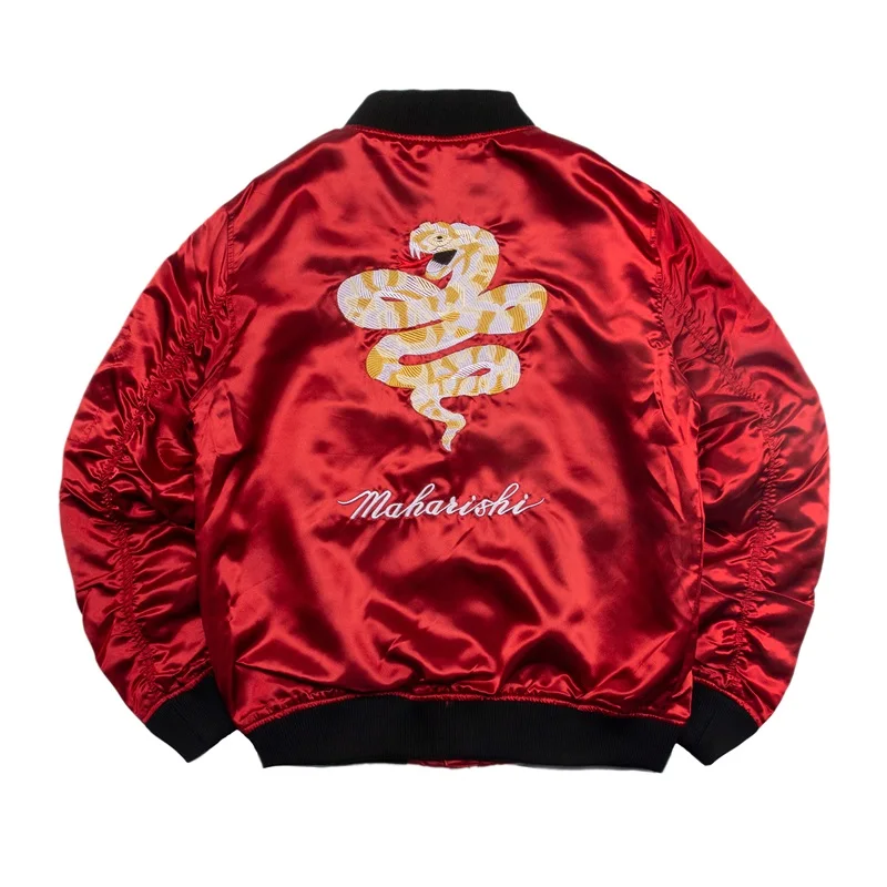 

Zip Up Snack Back Embroidered Casual Loose Style Crew Neck Satin Bomber Jacket for Men Women