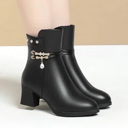 Autumn Winter 2024 New Women Snow Boot Thick Heels Soft Soles Anti Slip with/without Plush Leather Mom's Shoes Ankle Boot