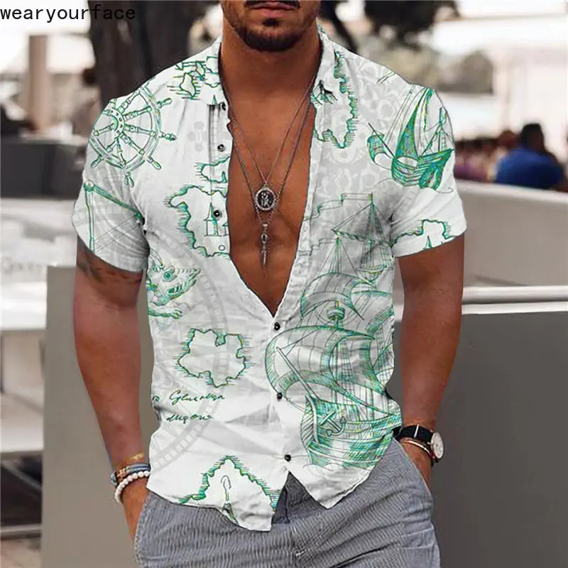 Hawaiian Shirts Printed Navigation Gold Chain Graphics Dress Shirt Buttons Short Sleeve Streetwear Beach Casual Men Clothing cartoon print hawaiian shirt men women vintage beach shirts fashion casual hip hop streetwear short sleeve male shirt men tops