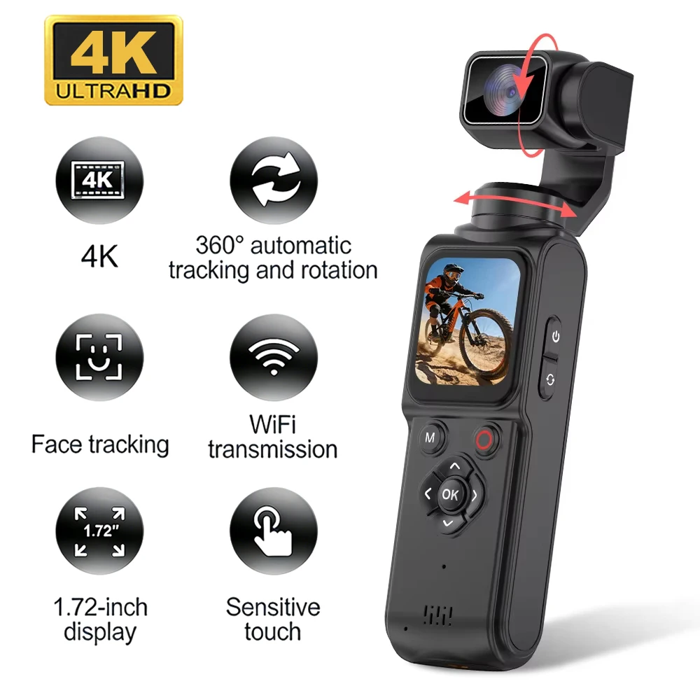 4K Ultra HD Action Camera 330° Face Tracking Gimbal Stabilizer 1.72 Inch Touch Screen 64MP Pocket Digital Camera WiFi Sports Cam