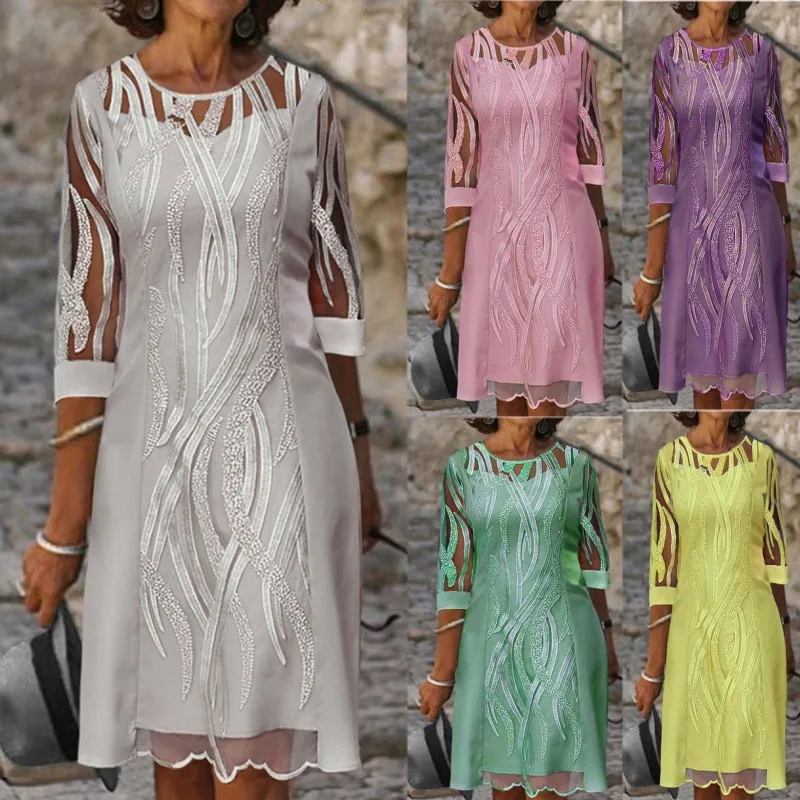 

Dresses For Women 2023 Summer New Women's Fashion Round Neck Lace Splice Half Sleeve European and American Sunscreen Dress