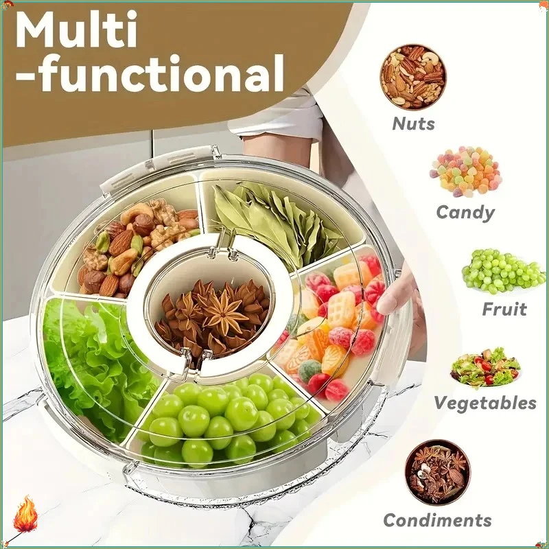 2026Hot Sale Rotating Divided Serving Tray With Lid Handle Clear Food Storage Box Portable Organizer for Fruit Snack Charcuterie