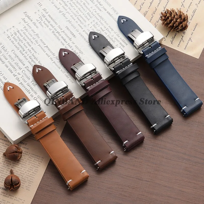 Stainless Steel Butterfly Clasp PU Leather Watchband - Soft Business Bracelet Strap in Black or Brown