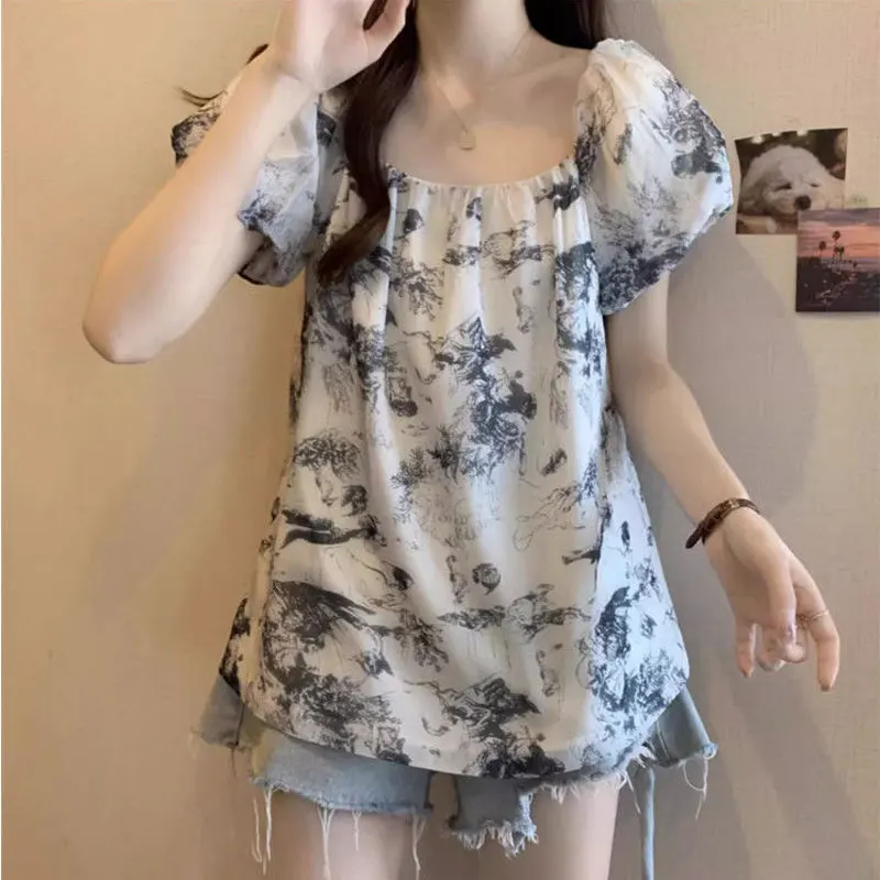 Chinese Style Ink Painting Shirt Summer Sweet Puff Sleeve Female Clothing Elegant Square Collar Loose Basic Stylish Folds Blouse