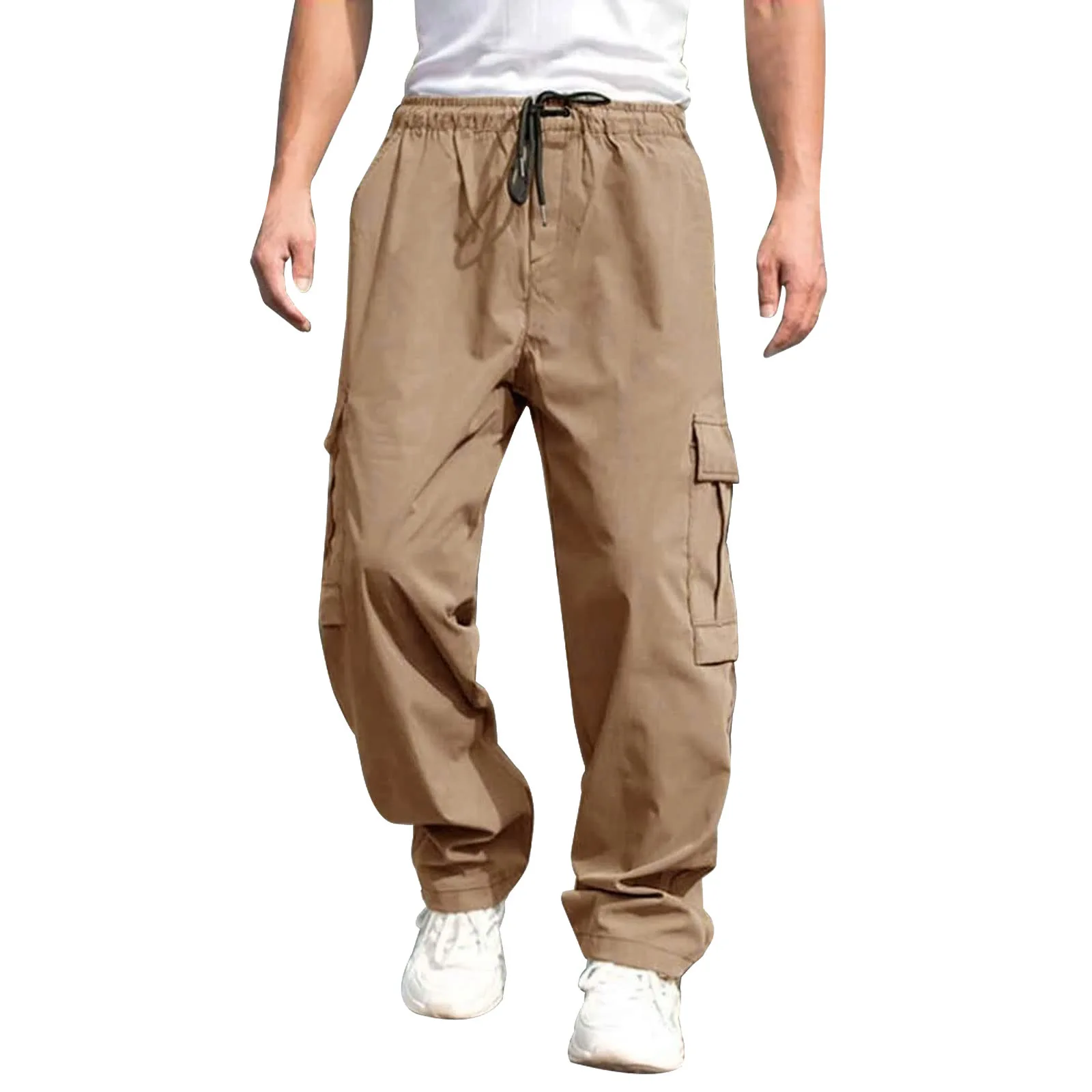 Men Summer Cargo Pants Elastic Waist Zip Pocket