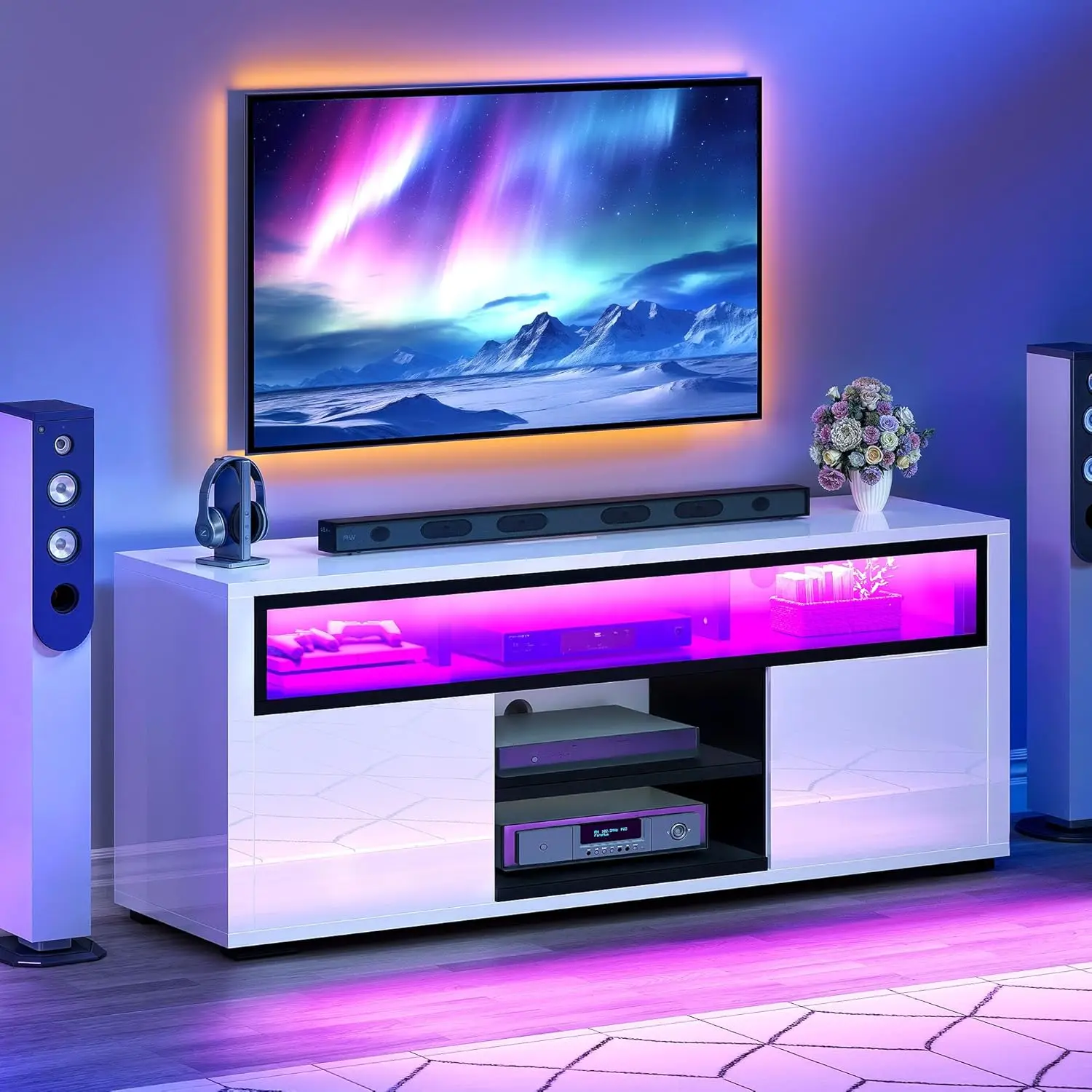 65 inch TV Stand for Living Room Entertainment Center with Storage LED White Modern Stand