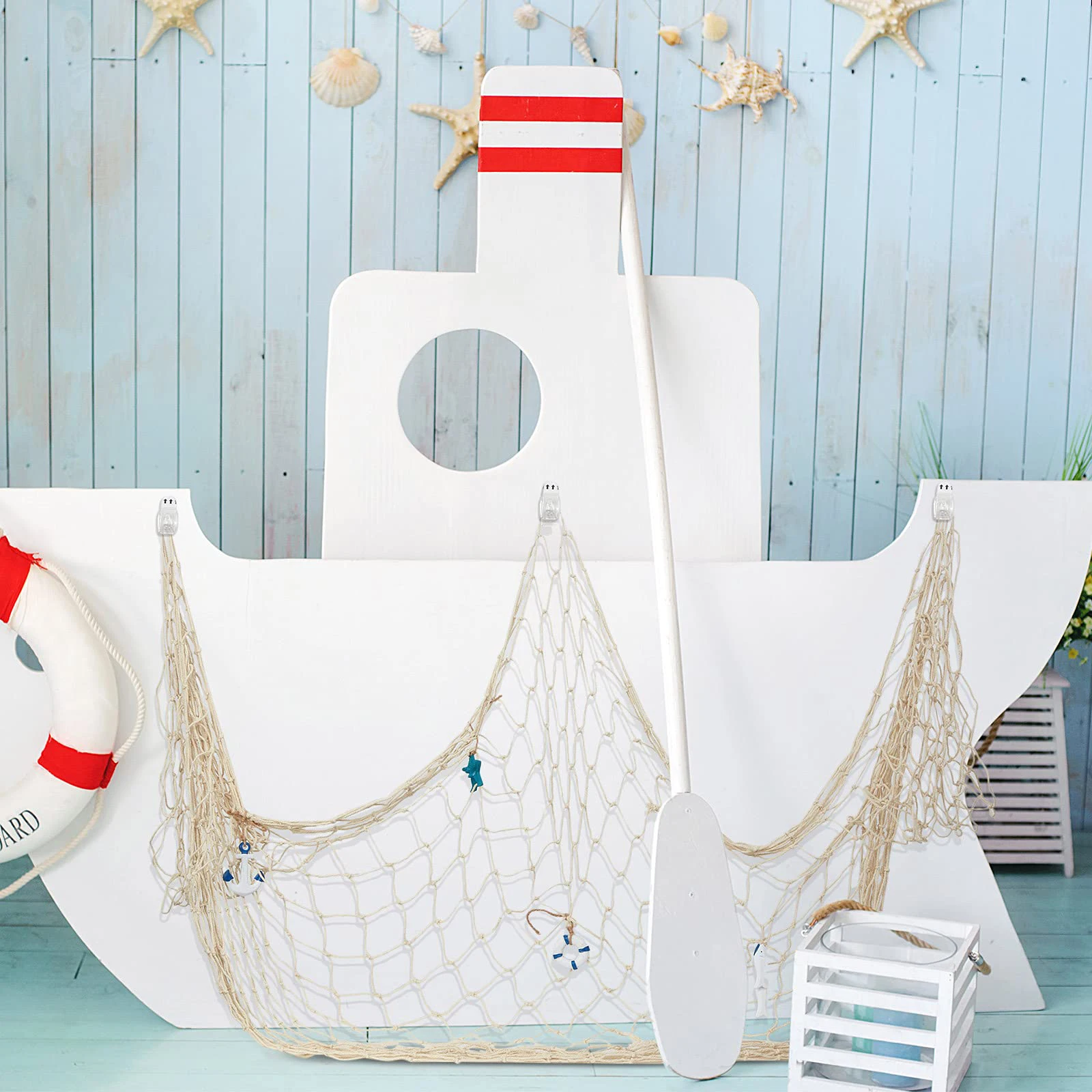 Resin Starfish Ornaments Fishing Net Wall Decoration 16pcs Nautical Fish Net Wall Decoration with Starfish Ornaments and Clips for Pirate Party Photographing Decor