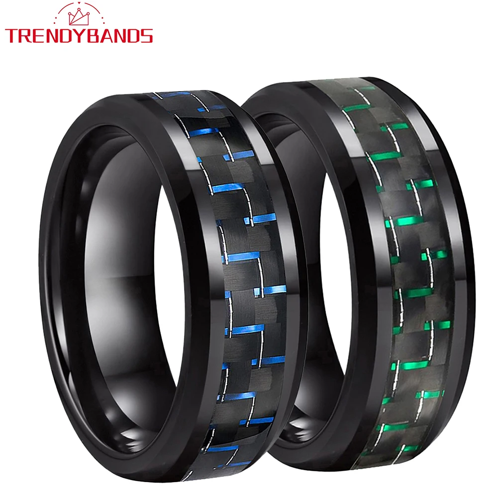 8mm Black Tungsten Ring for Men Women Beveled Edges Blue Carbon Fiber Inlay Polished Finish Comfort Fit