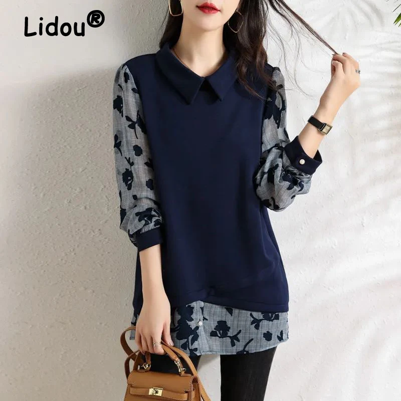 Womens Clothing Autumn Korean Fashion Print Patchwork Elegant Tunic Tops Casual Long Sleeve Loose Irregular Pullover Sweatshirts