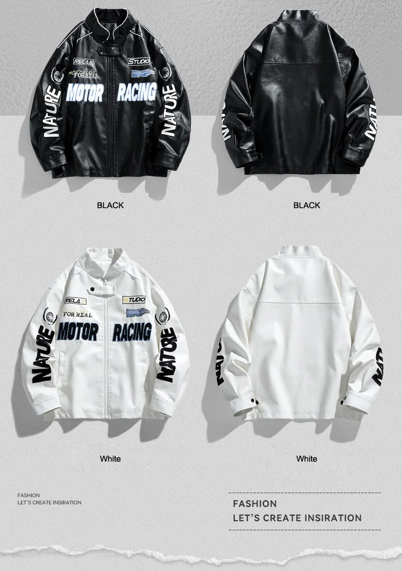 Description Picture 3 of itemMen Moto Biker Jacket Embroidered varsity Leather jacket oversized Faux Leather Coat Spring Autumn PU Windbreaker Racing Outwear