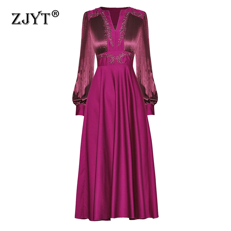 

ZJYT Runway Designer Spring Lantern Sleeve Midi Dresses for Women Elegant Beading V Neck Green Party Dress Aline Casual Vestidos