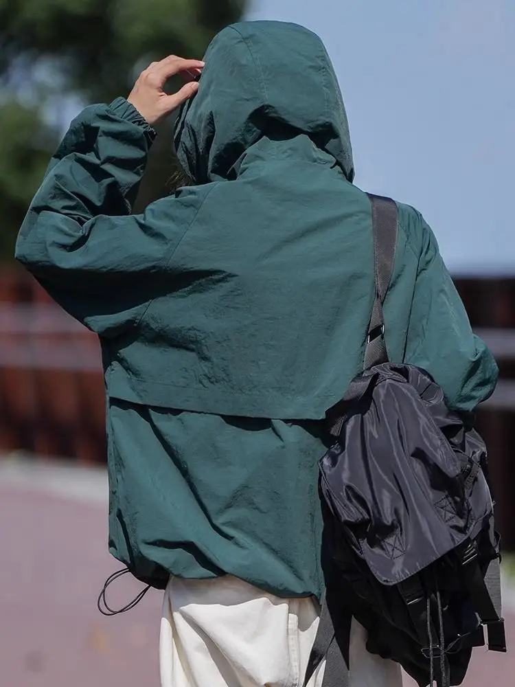 Vintage Hooded Trench Coat Outdoor Windbreaker Sweatshirt Men Women Design Sun Protection Jackets Zipper Long Sleeve Lace-ups