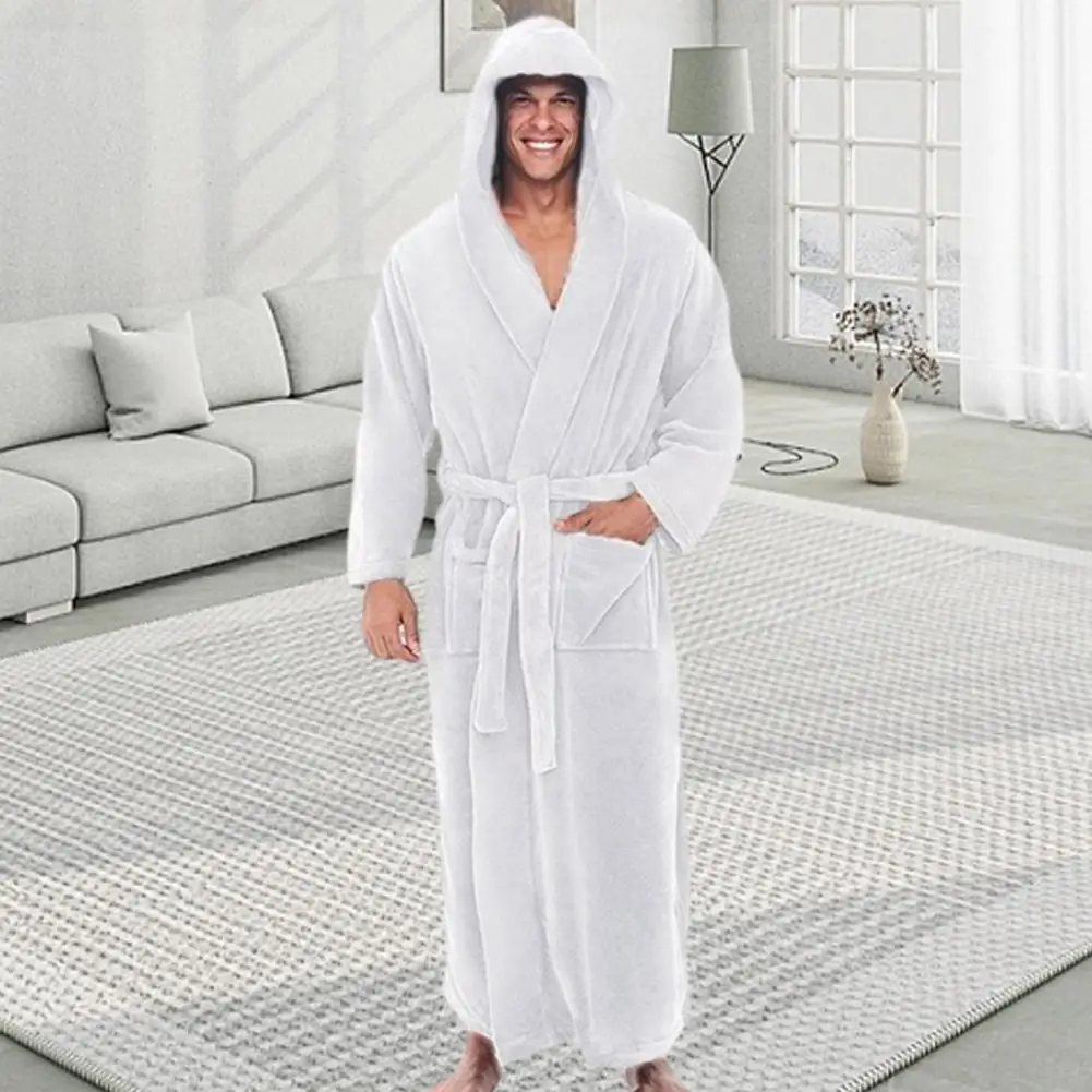 CozyBathrobePlushBathrobeSoftAbsorbentMensHoodedBathrobeswith