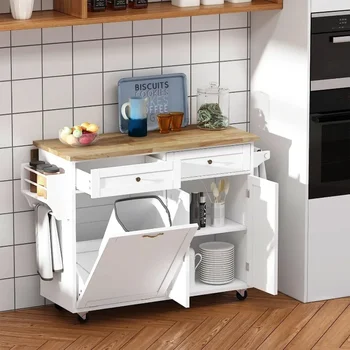 Rolling Kitchen Island with Drop Leaf - Kitchen Trash Cabinet Tilt Out 10 Gallon Storage, Storage Islands Movable Carts 2