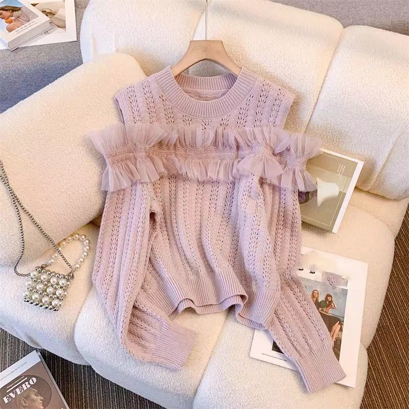 

Sweater Women 2023 Autumn Winter New Sweet Versatile O-Neck Off Shoulder Design Feel Long Sleeve Knitted Sweater