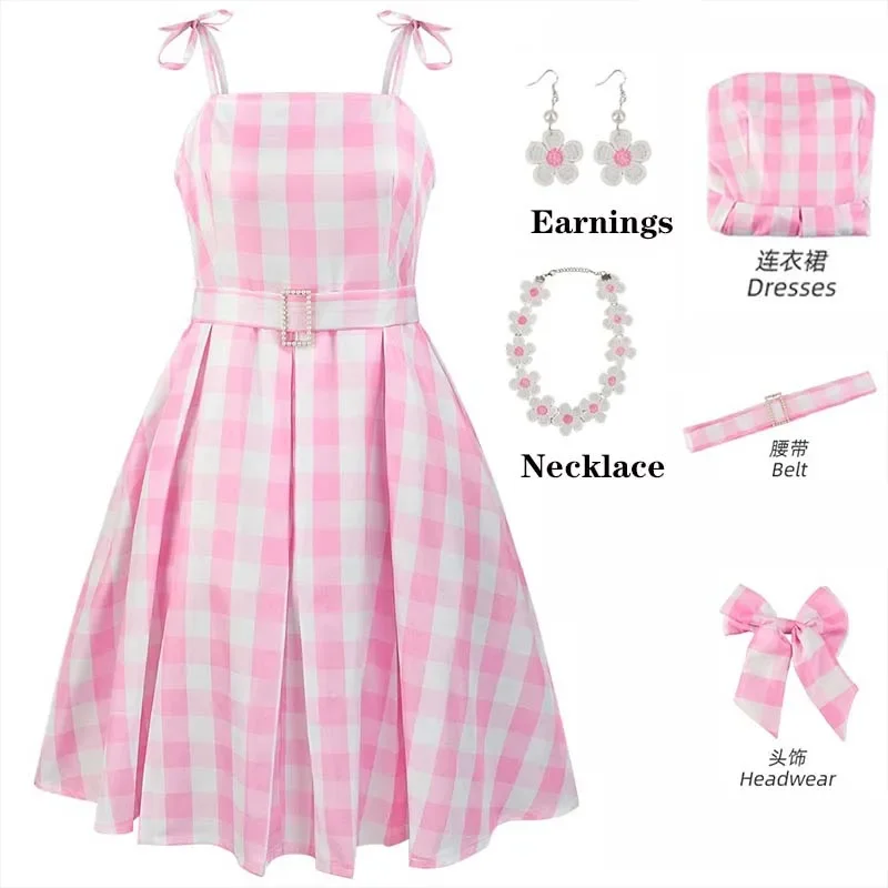 

Movie Barbi Cosplay Costume for Women Margot Robbie Barbi Pink Dress Halloween Barbi Princess Outfits for Girls Women Role Play