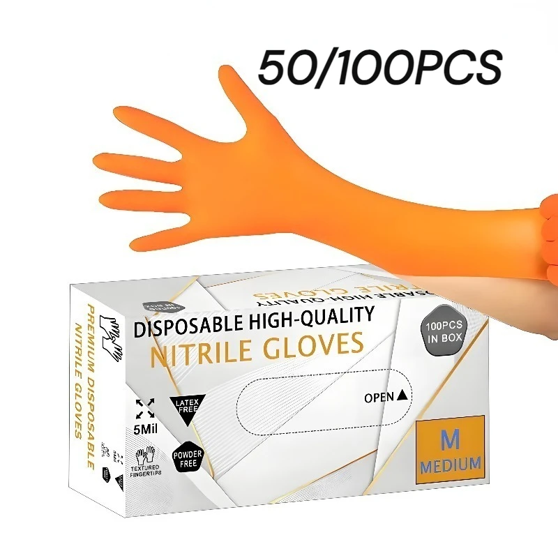 50/100PCS Orange Disposable Nitrile Gloves Household Kitchen Clearning Dishwashing Manicure Hair Dyeing Tattoo Cleaning Tools