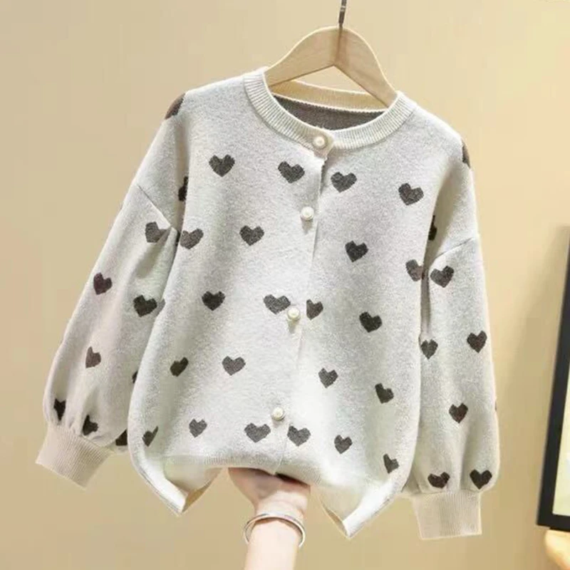Spring Autumn Korean Loose All Match Girls' Cardigan Sweater Aesthetics Long Sleeve O-Neck Kids Knitting Top Fashion Coat