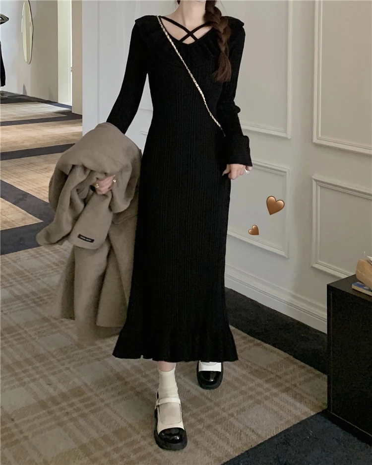 Autumn Knitted Dresses for Women Ruffles V-neck Solid Bodycon Casual Solid Midi Dress Korean Fashion Vestidos Mujer New Knitwear