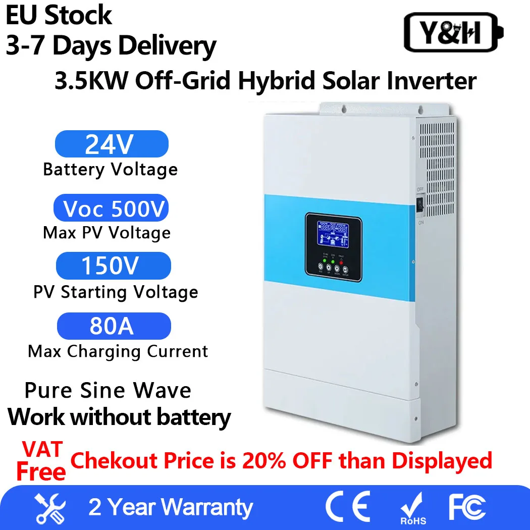 Y & H 3500W HYBRID SOLAR INVERTER 24VDC 220VAC 80A MPPT Solar Charger อินพุต PV สูงสุด 500V PURE Sine WAVE อินเวอร์เตอร์ 1