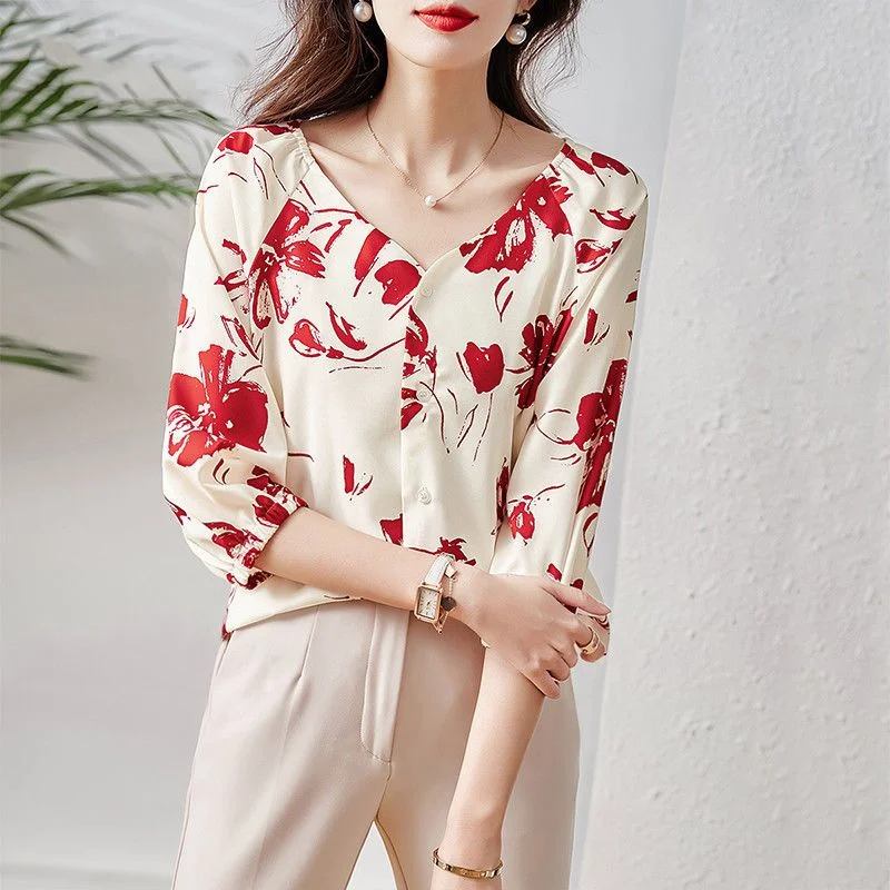 2023 Spring New Fashion Casual Loose Printed Three Quarter V-Neck Single-breasted Women's Korean Version All-match Trend Blouse