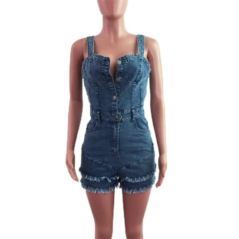 Women Slim Sleeveless Denim Jumpsuit Shorts New Single-breasted Half-open Female Backless Tassel Trouser Legs Suspenders Rompers