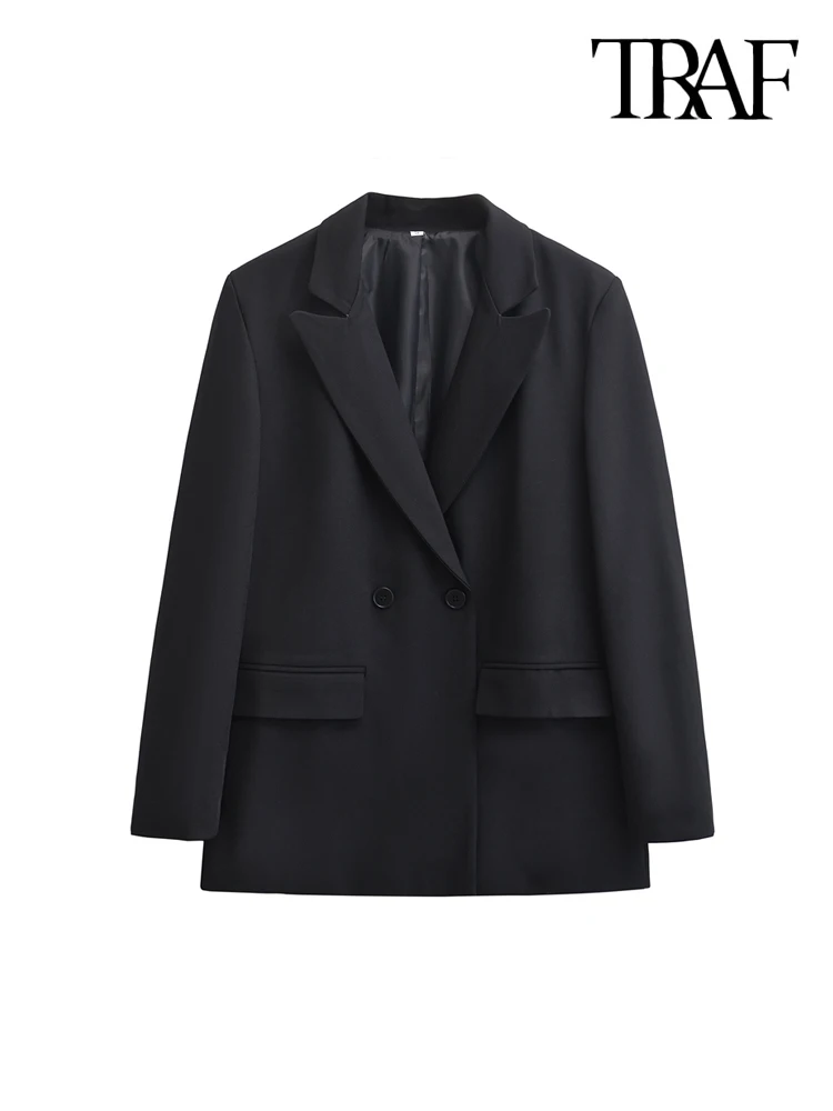 TRAF-Women's Double Breasted Office Wear Blazer Coat, Long Sleeve, Flap Pockets, Female Outerwear, Chic Tops, Fashion 4