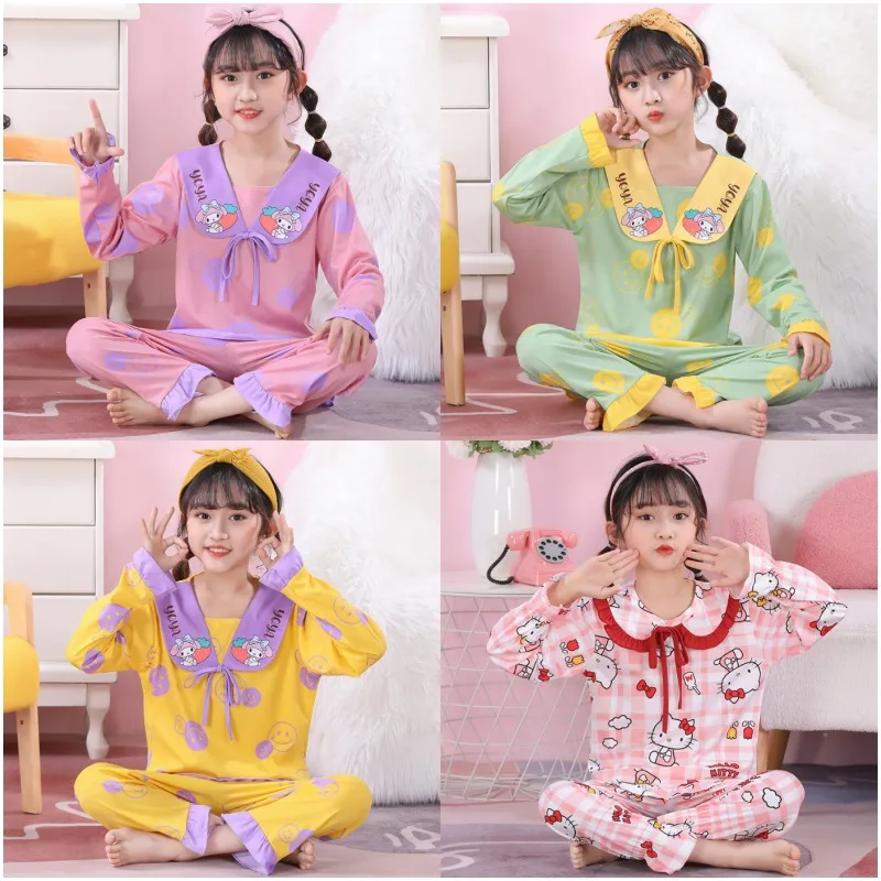 

Sanrios аниме мультфильм детские пижамы My Melody HelloKittys Kawaii милые девушки с длинным рукавом Брюки Домашняя одежда ночная рубашка
