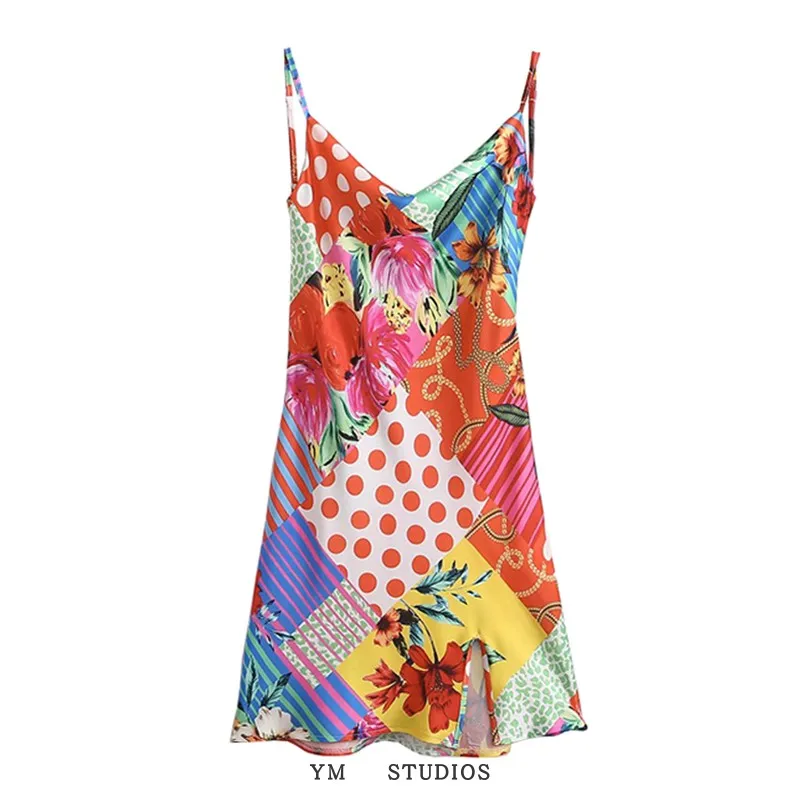 

women's travel wind bright-coloured flower printed backless with shoulder-straps color matching sexy beach dress