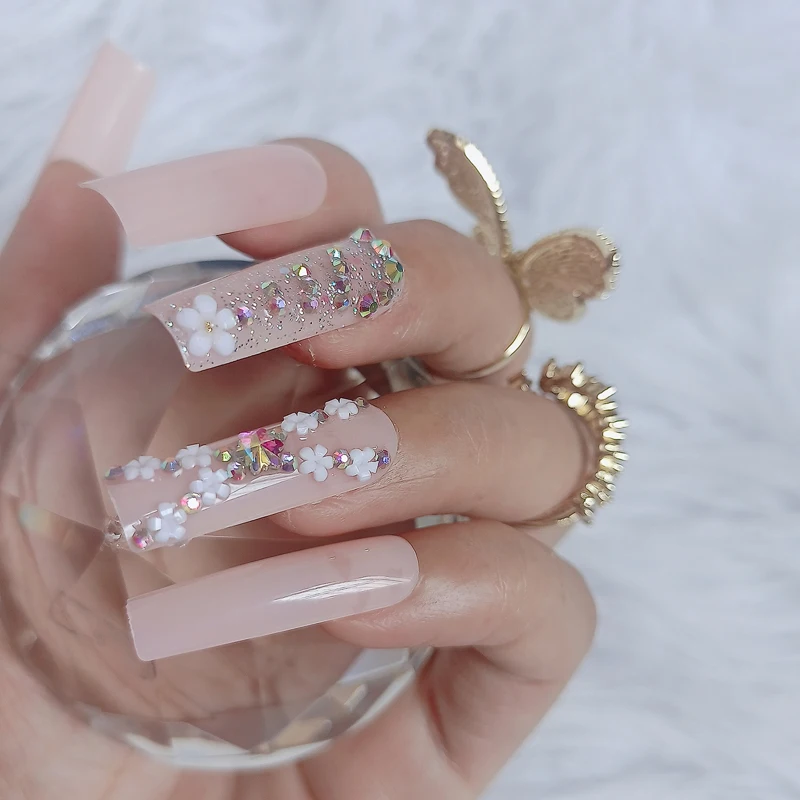 

24pcs luxury jewelry nude press on nails wide head Crystal full of diamonds long ballet coffin fake nails