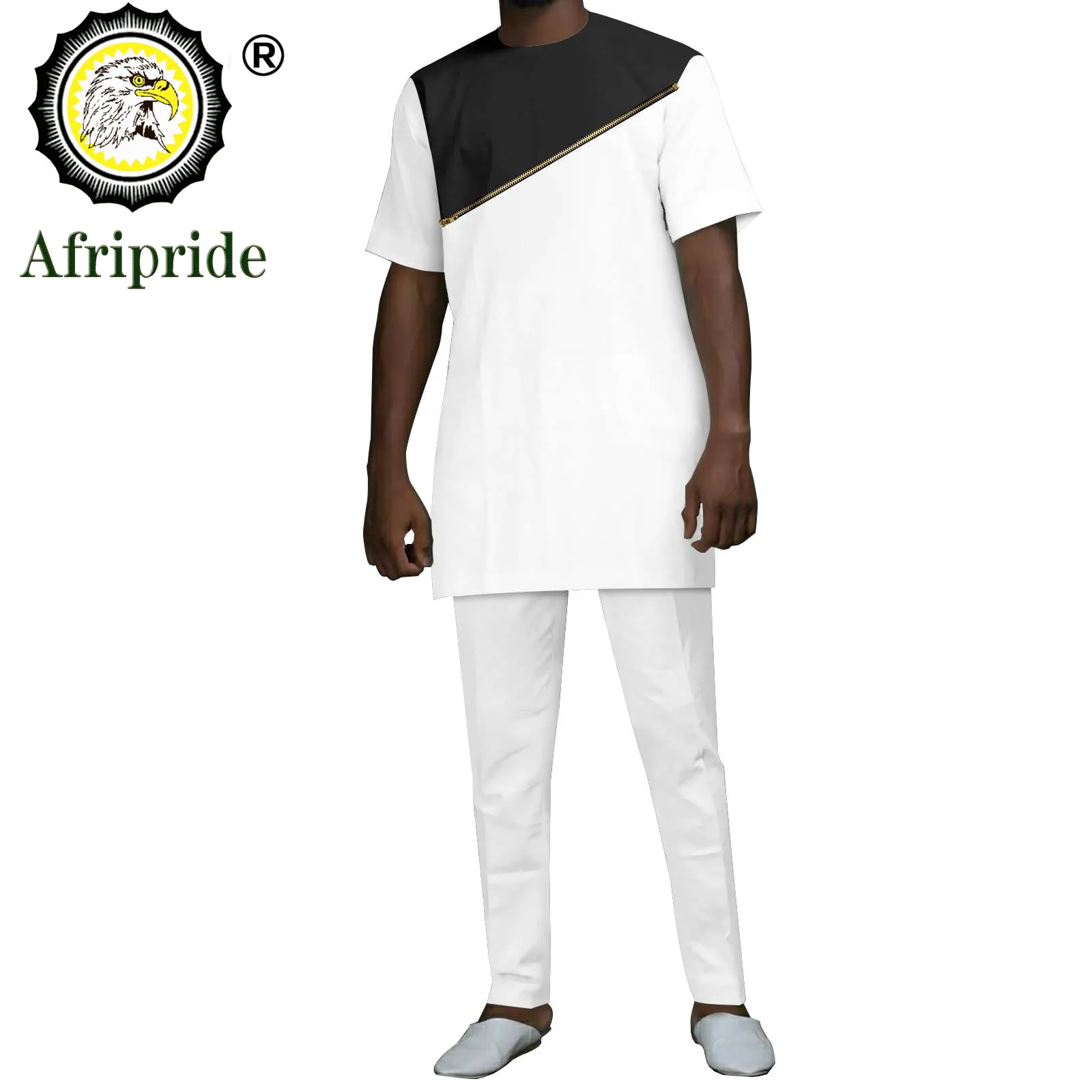 Bazin Riche African Men Clothing Dashiki Shirts Pants Set Print Outwear Clothes Ankara Fabric Short Sleeve Zip Blouse A2216141
