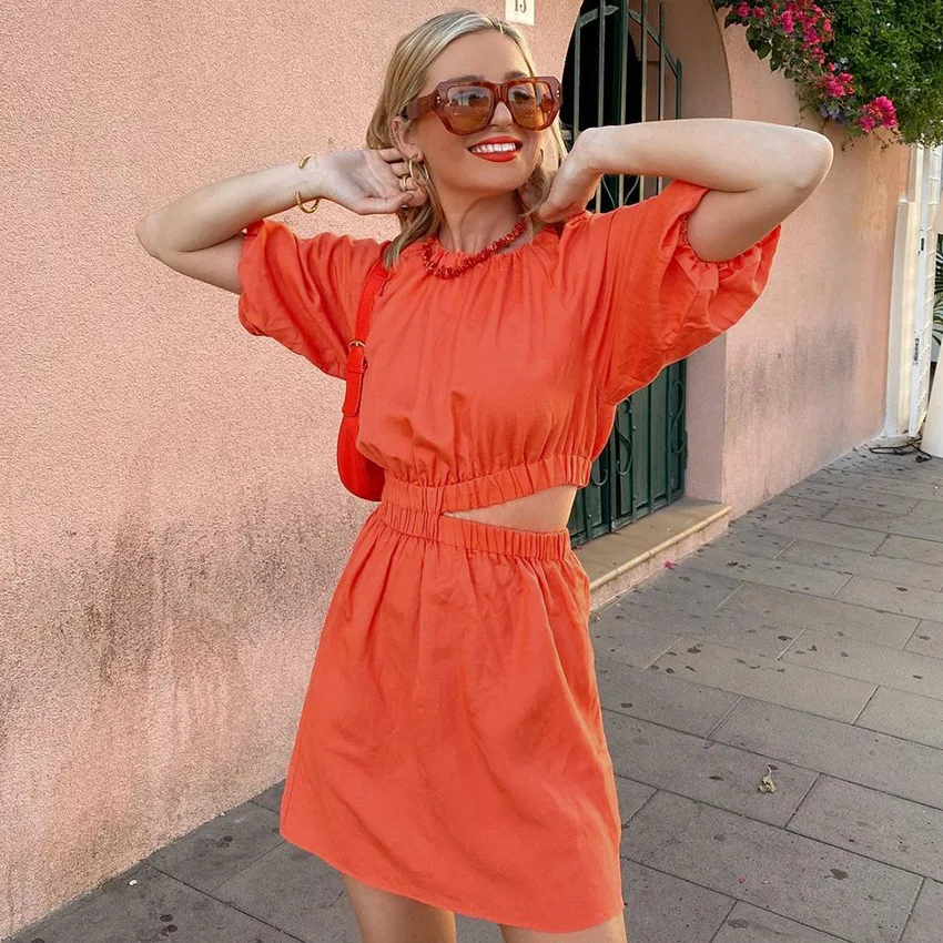 

Womens Dreeses 2023 Summer New Commuting Crewneck Puff Sleeves Cotton Linen Short Skirt Dress Woman