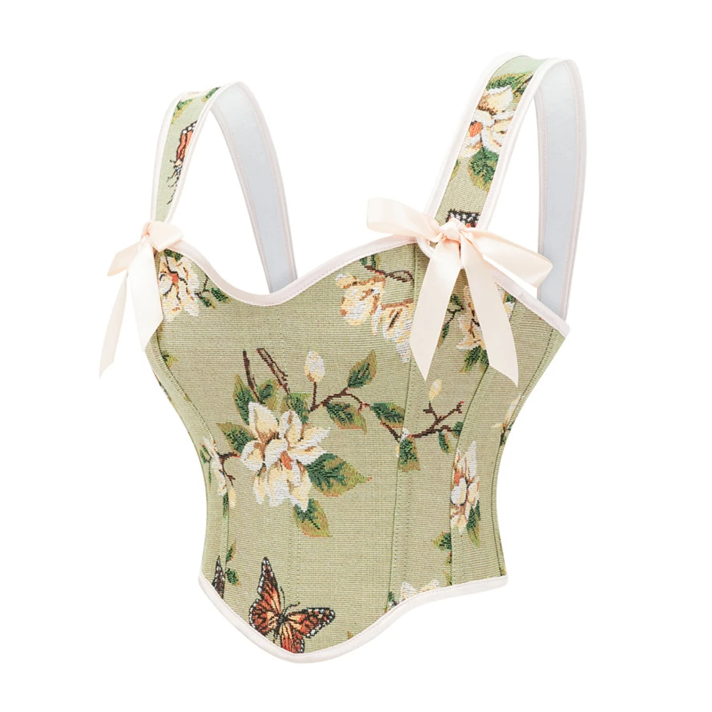 Medieval Renaissance Corset Crop Tops Lace-up Vintage Flowers Print Bow Shoulder Strap Gothic Overbust Bustier Tanks Camisole