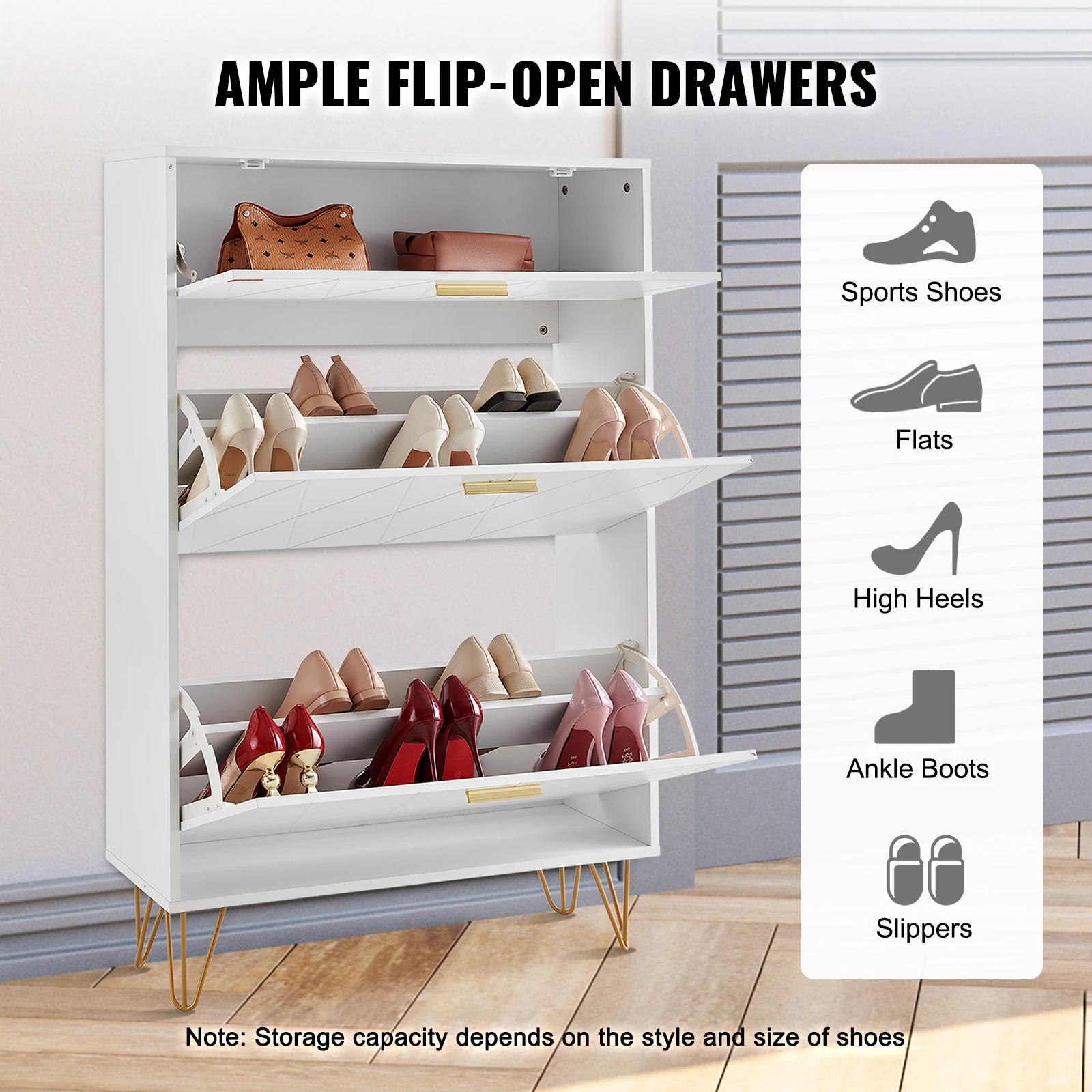 White Wooden Shoe Storage Cabinet with Flip Drawers