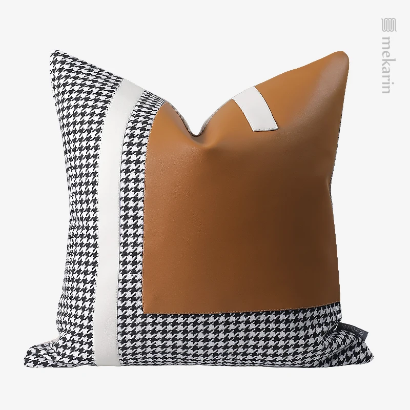 Houndstooth soft orangegray leather stitching pillow hotel living room