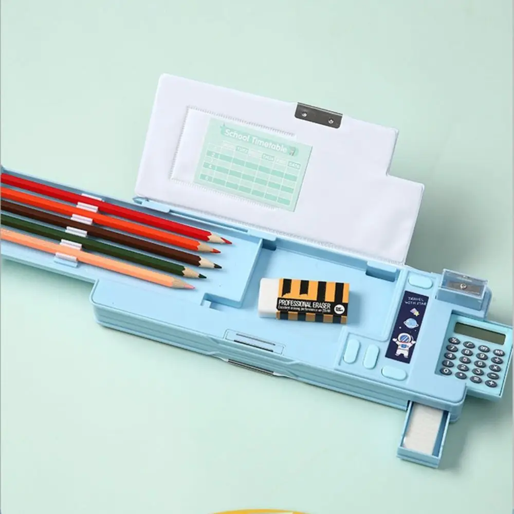 Multi-Functional Double-Sided Pencil Box with Built-In Calculator and Sharpener